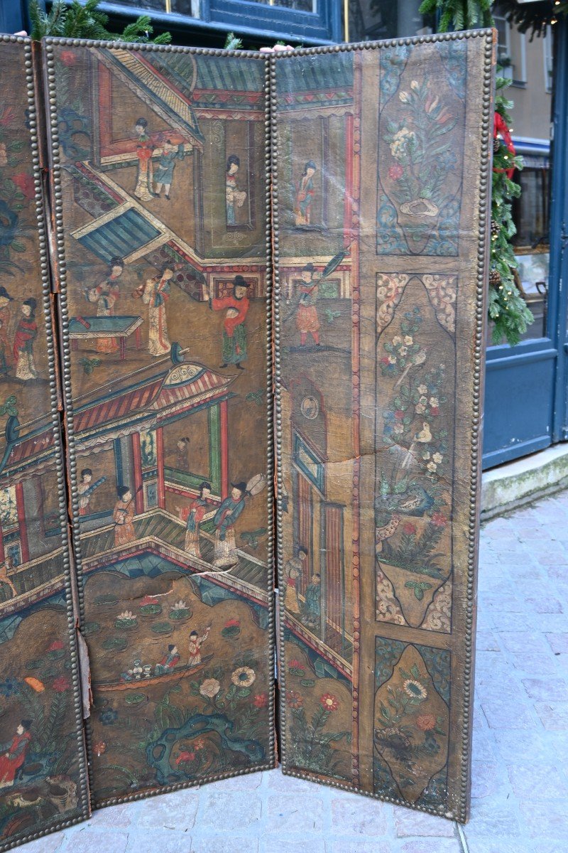 6-leaf Leather Screen Malines Chinese Decor XVIII-photo-2