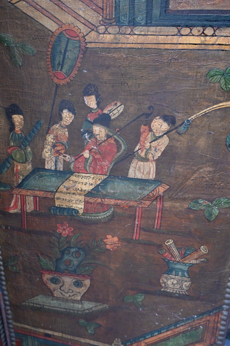 6-leaf Leather Screen Malines Chinese Decor XVIII-photo-5