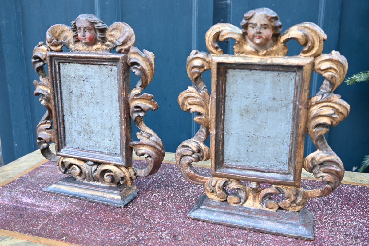 Paire De Cadre En Bois Sculpté , Têtes D Ange Louis XIV-photo-4