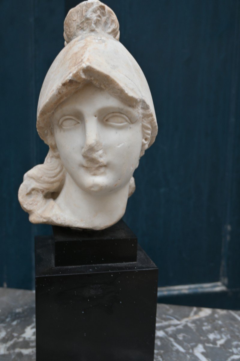 Head Of Minerva In Marble After Antiquity, 18th Century-photo-3