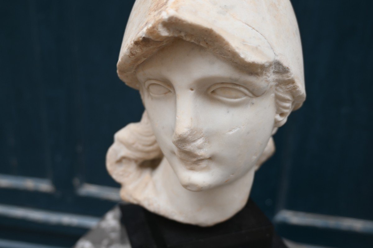 Head Of Minerva In Marble After Antiquity, 18th Century-photo-7