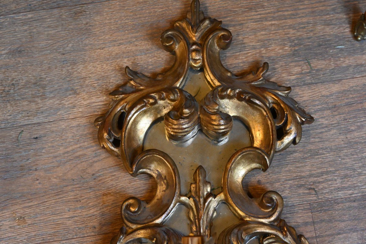 Paire De Grandes Appliques En Bois Doré Italie Style XVIII-photo-2