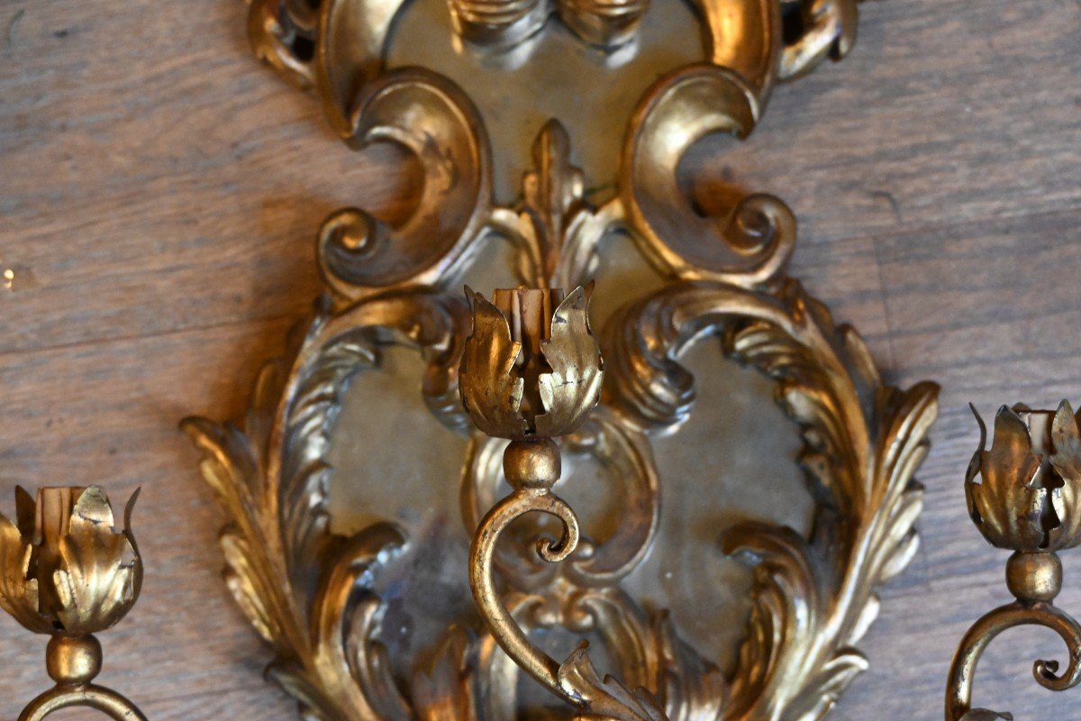 Paire De Grandes Appliques En Bois Doré Italie Style XVIII-photo-3