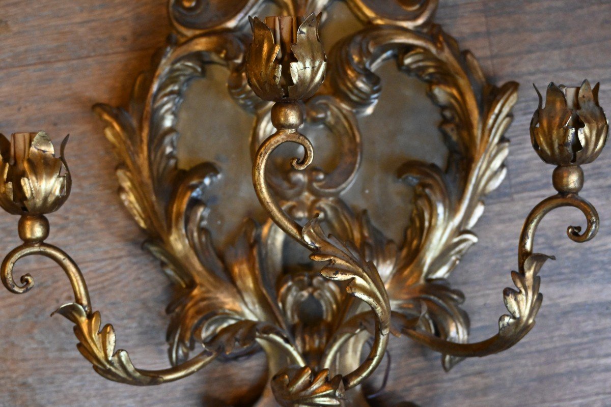 Paire De Grandes Appliques En Bois Doré Italie Style XVIII-photo-4