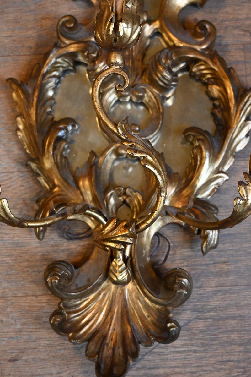 Paire De Grandes Appliques En Bois Doré Italie Style XVIII-photo-1