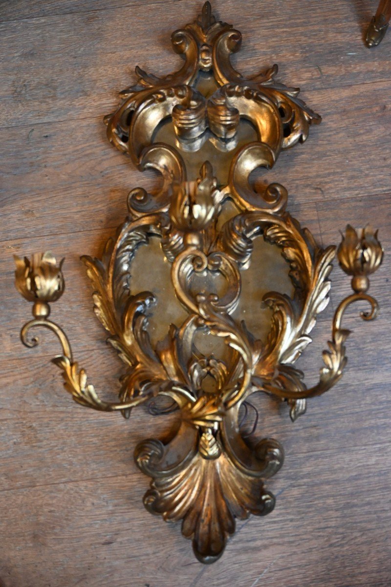 Paire De Grandes Appliques En Bois Doré Italie Style XVIII-photo-2