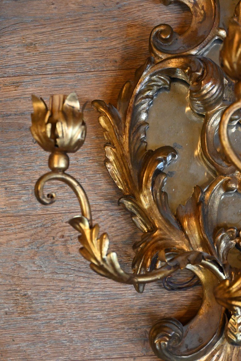 Paire De Grandes Appliques En Bois Doré Italie Style XVIII-photo-3