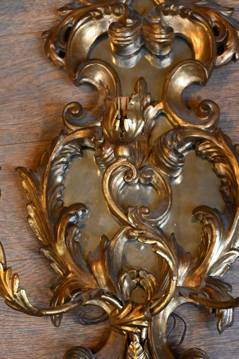 Paire De Grandes Appliques En Bois Doré Italie Style XVIII-photo-5