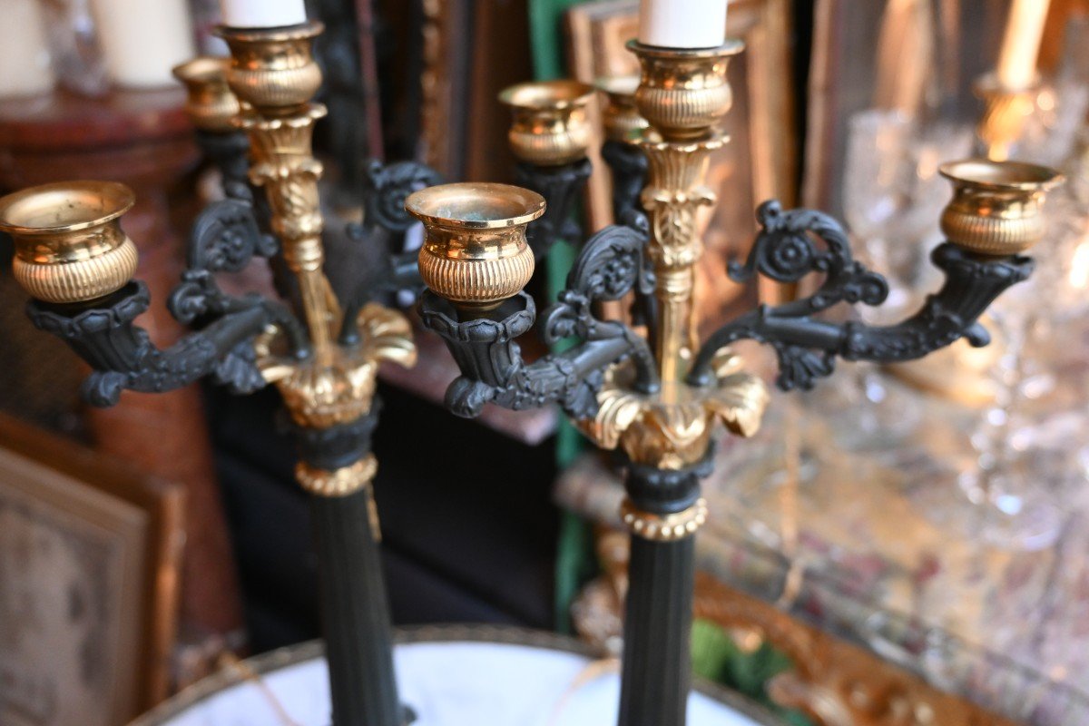 Pair Of Louis Philippe Style Double Patina Bronze Candelabras-photo-2