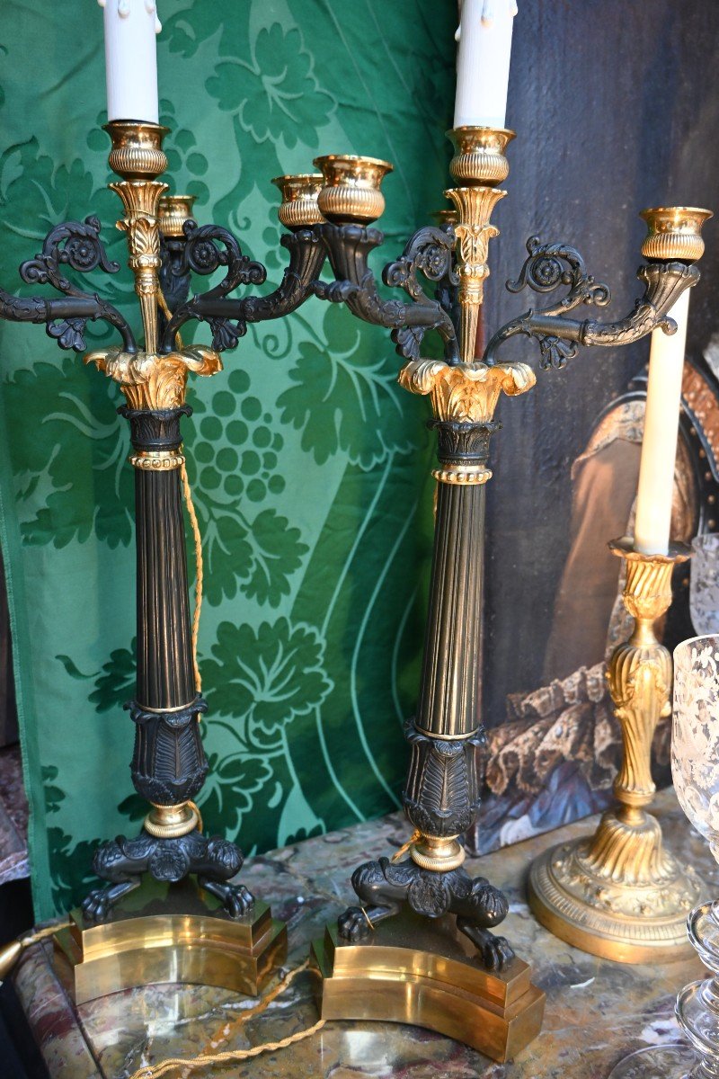 Pair Of Louis Philippe Style Double Patina Bronze Candelabras-photo-5