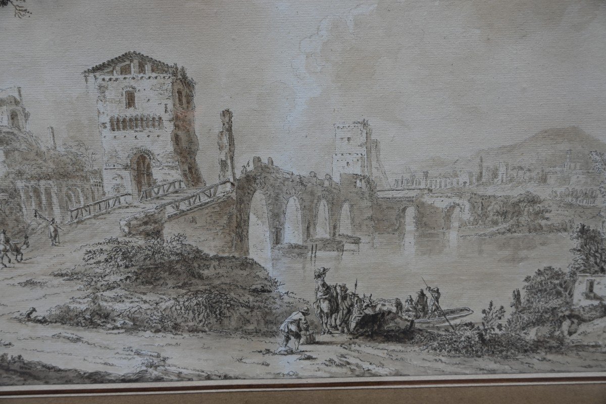 Dessin Vue D Italie Par Jean Baptiste Tierce   école Du XVIII-photo-2