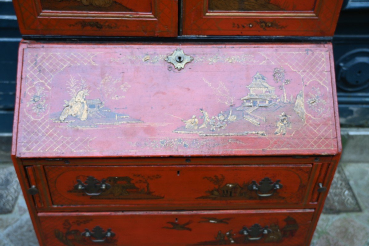 Petit Scriban En Laque Rouge Décor Chinois Angleterre Fin XVIII-photo-2