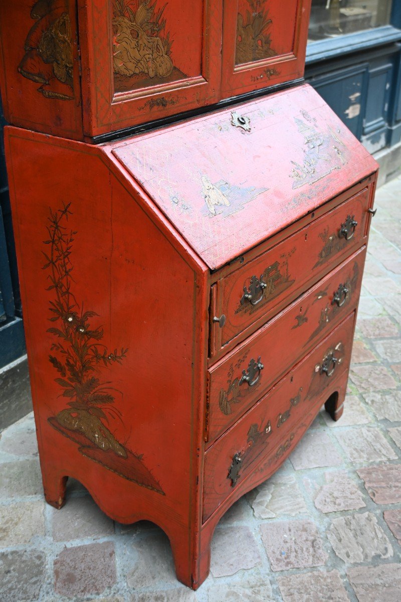 Small Red Lacquer Scriban Chinese Decor England Late 18th Century-photo-4