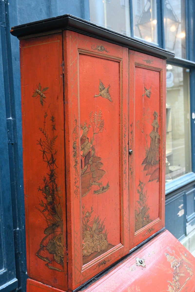 Small Red Lacquer Scriban Chinese Decor England Late 18th Century-photo-1