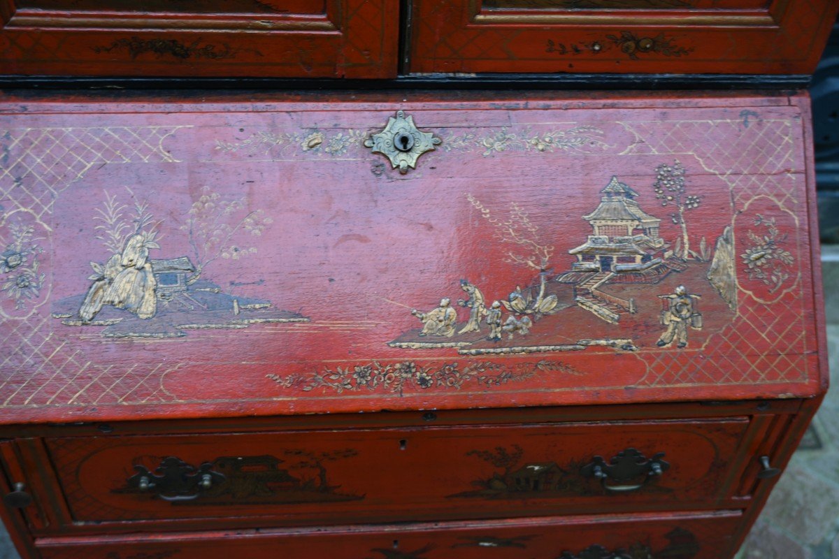 Small Red Lacquer Scriban Chinese Decor England Late 18th Century-photo-4