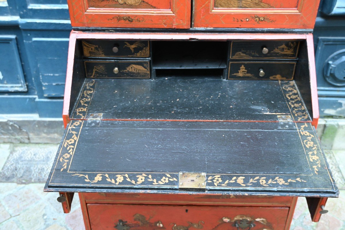 Small Red Lacquer Scriban Chinese Decor England Late 18th Century-photo-8