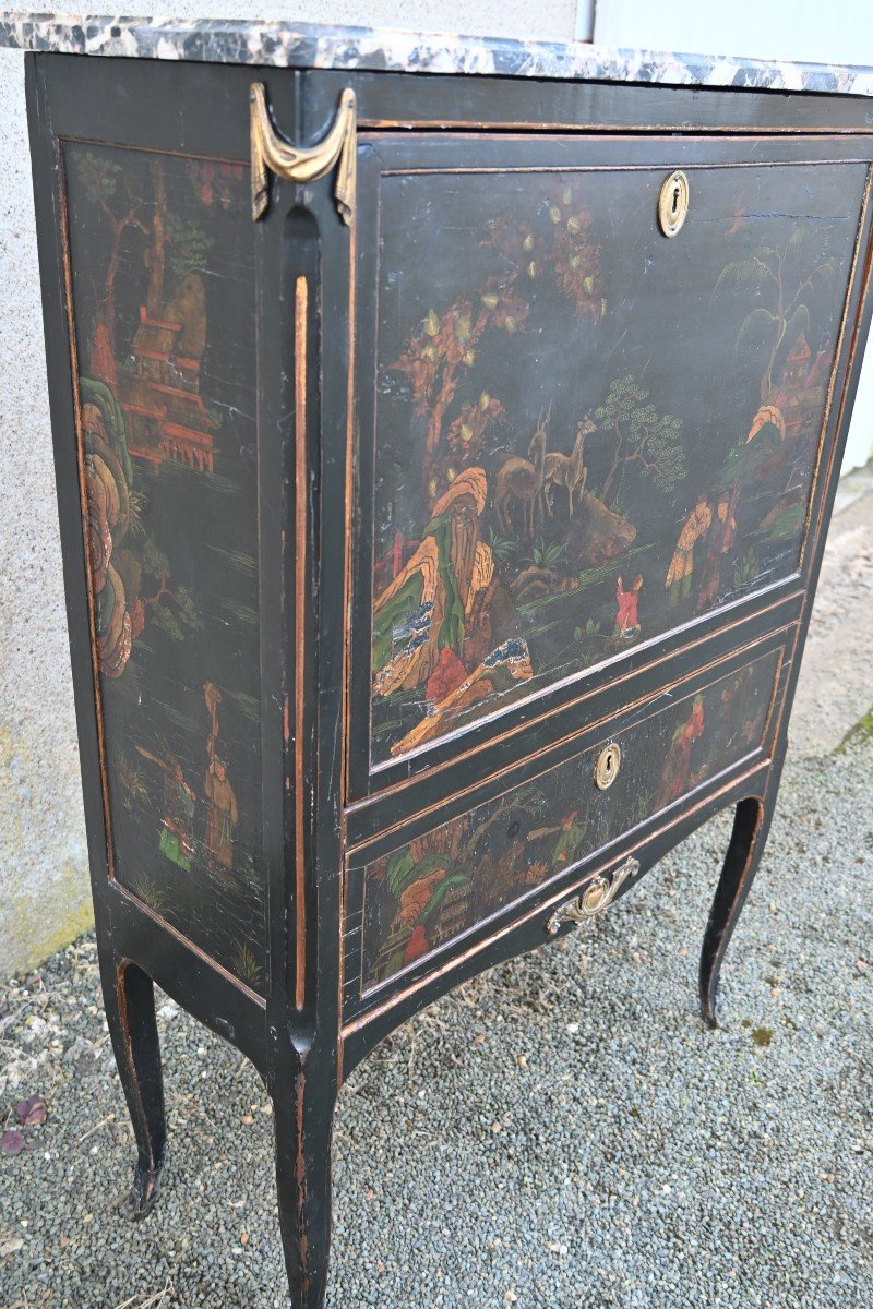 Lacquered Secretary Decorated With Chinese Motifs, Louis XVI Period, Attributed To Dusautoy