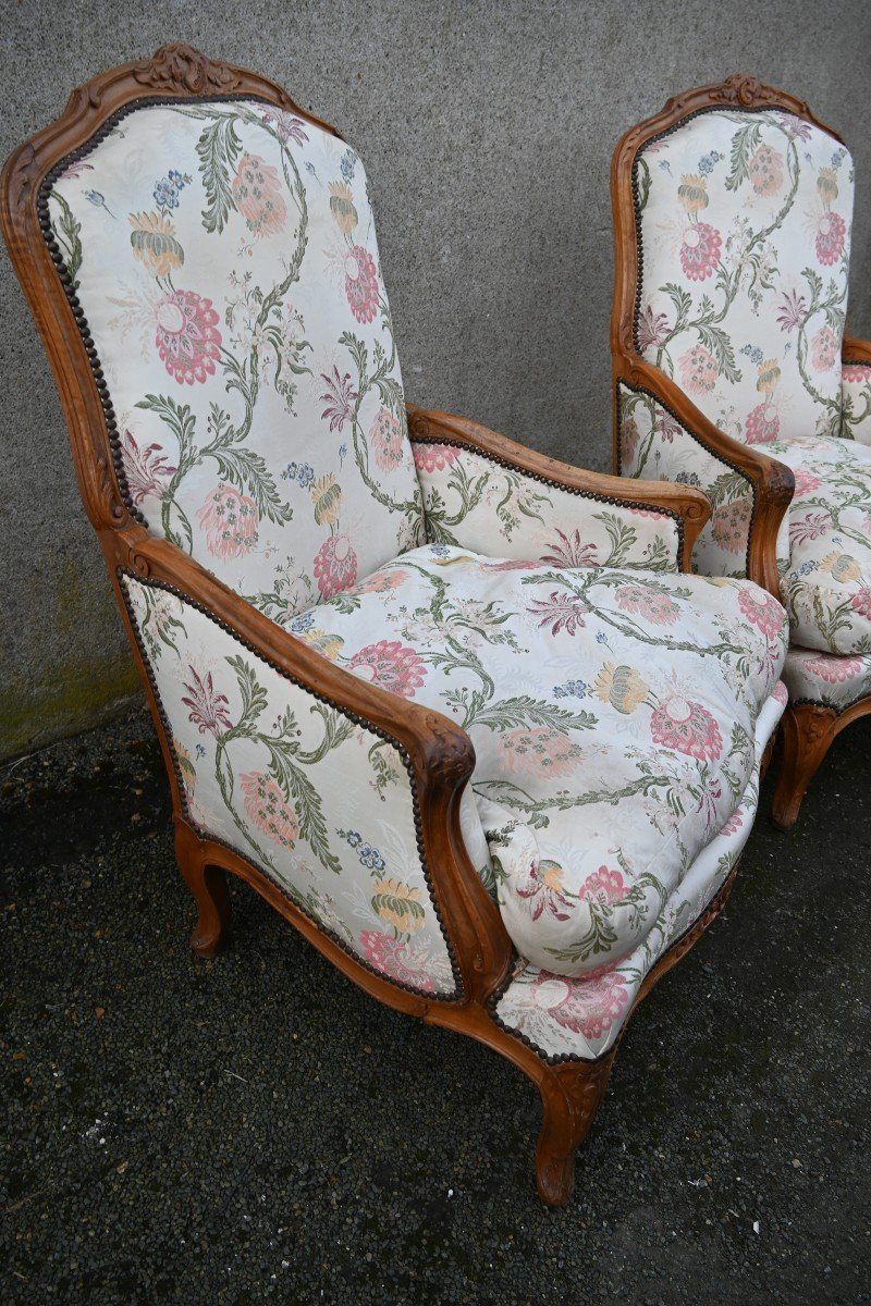 Pair Of Large Louis XV Period Natural Wood Fireside Bergeres -photo-1