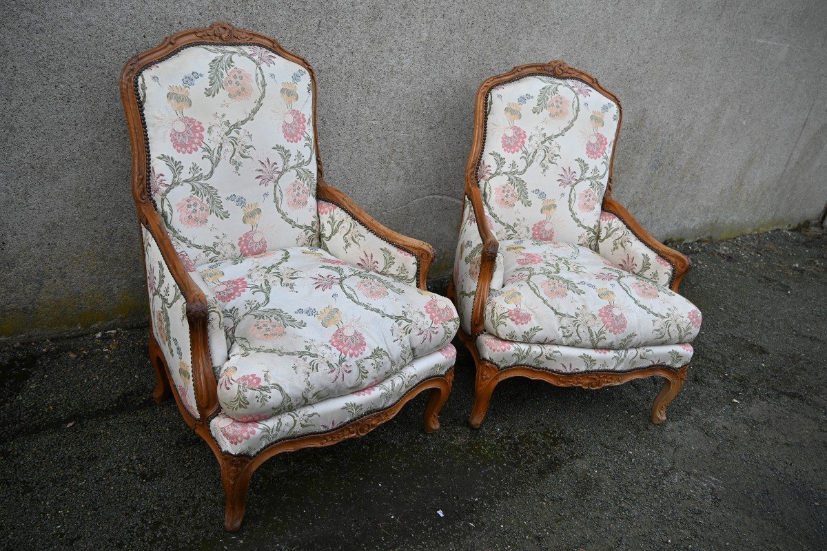 Pair Of Large Louis XV Period Natural Wood Fireside Bergeres -photo-4