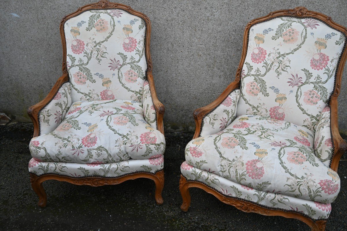 Pair Of Large Louis XV Period Natural Wood Fireside Bergeres -photo-5