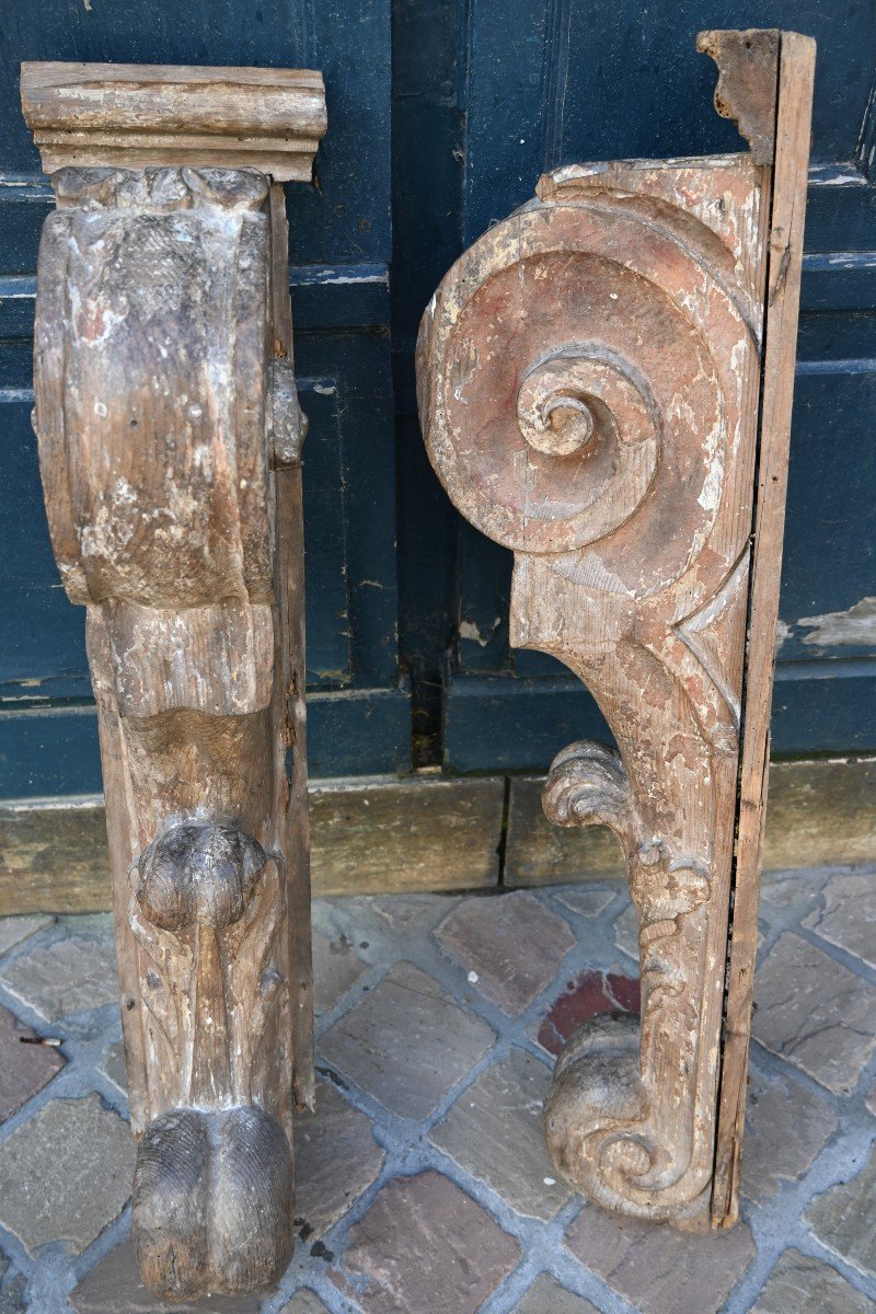 Paire De Grands éléments En Console , Chêne D époque Louis XIV-photo-3