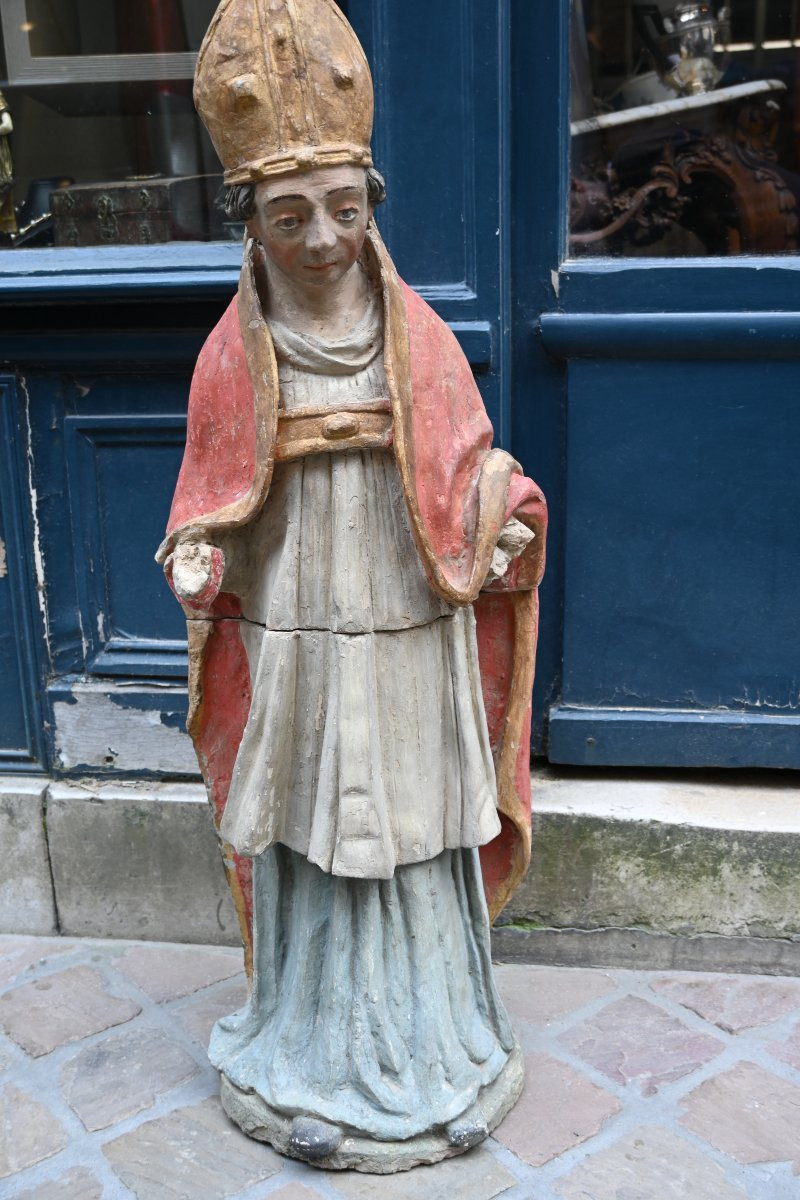 Terre Cuite Polychrome Saint Evêque XVIII  Le Mans-photo-2