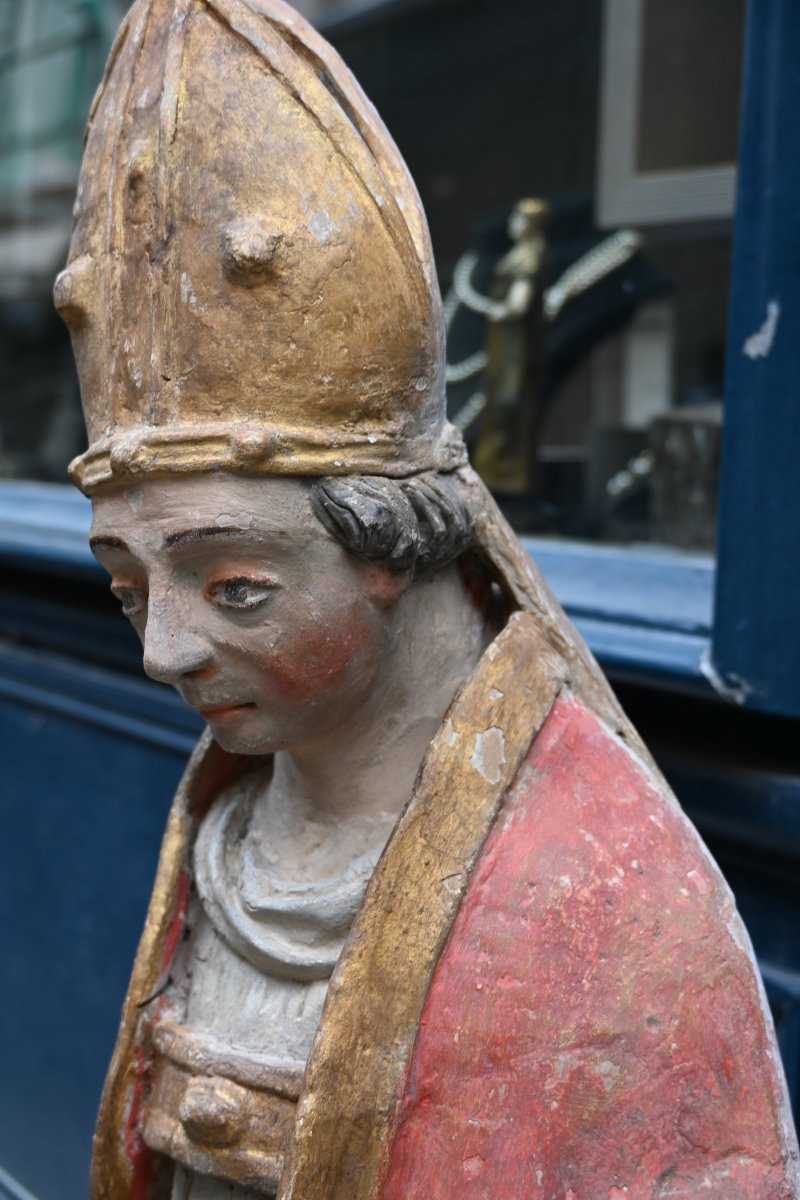 Terre Cuite Polychrome Saint Evêque XVIII  Le Mans-photo-3