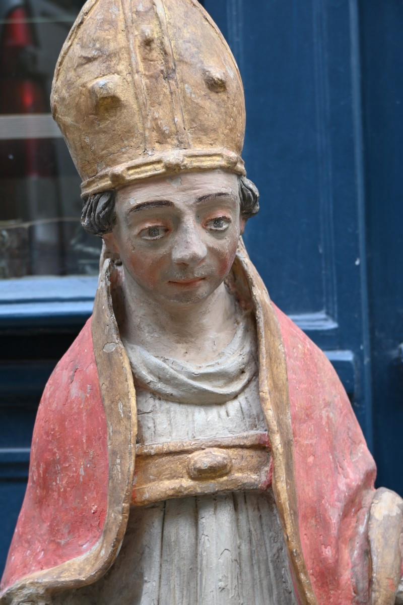 Polychrome Terracotta Saint Bishop XVIII Le Mans