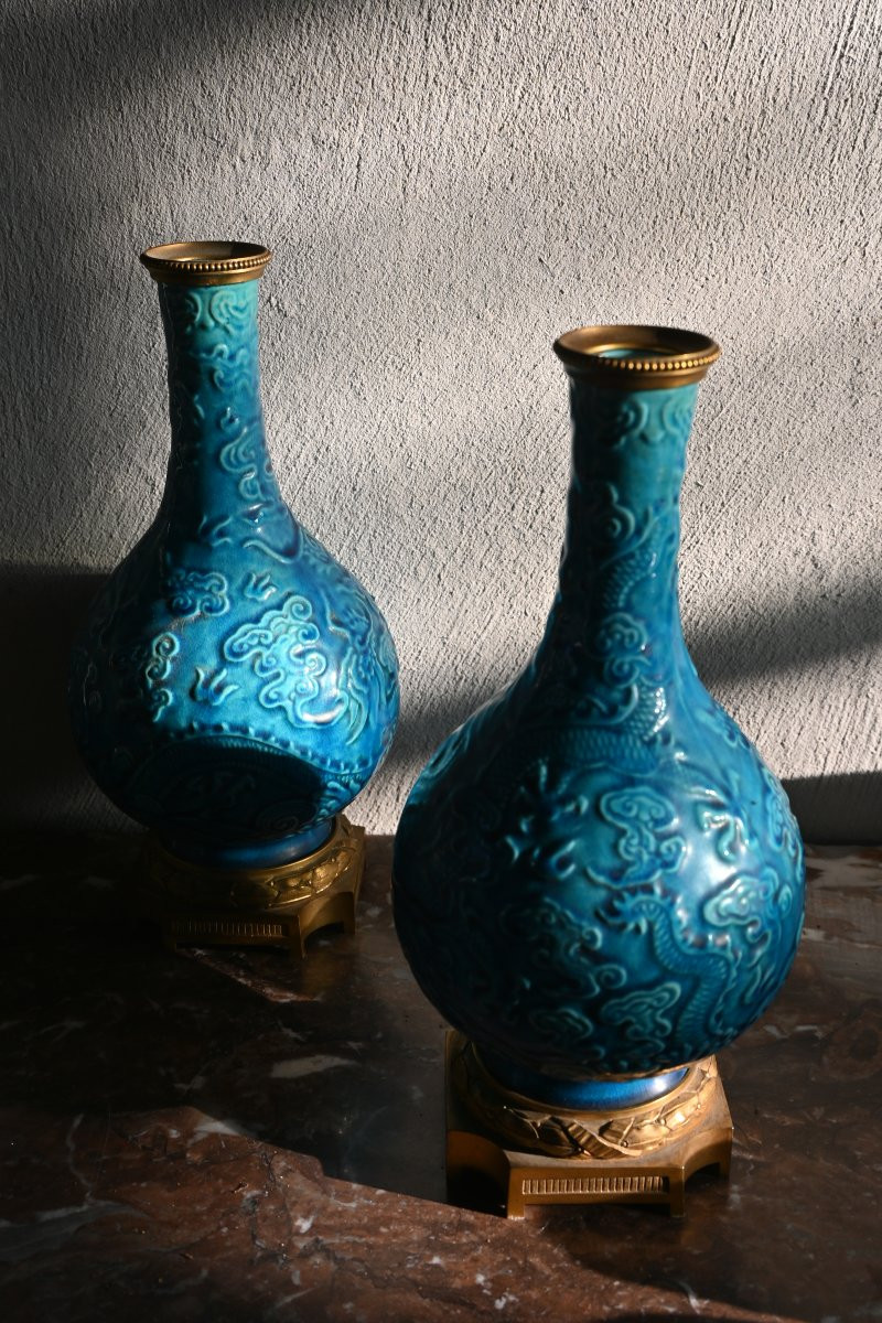 Théodore Deck Pair Of Bottle Vases And Bronze Mount-photo-3