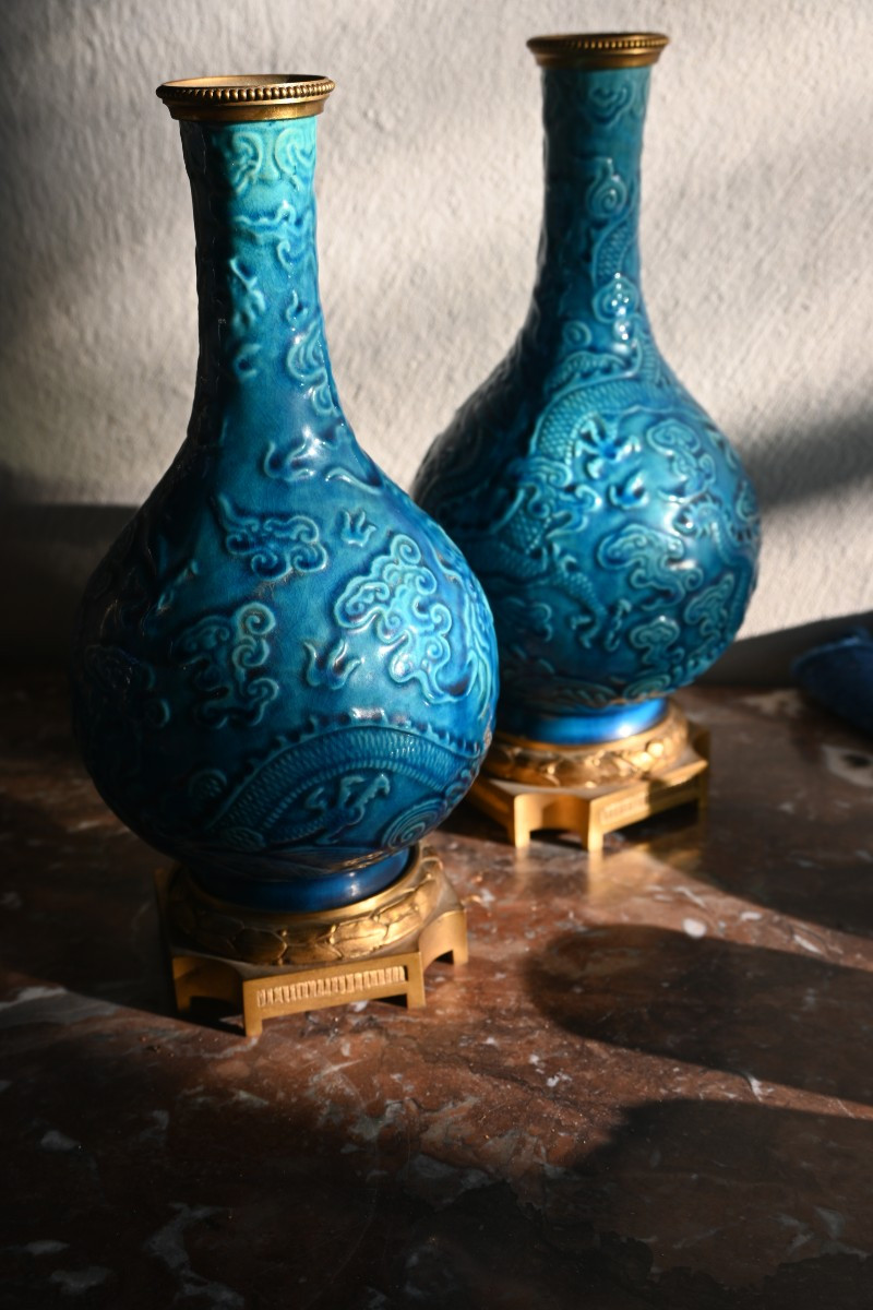 Théodore Deck Pair Of Bottle Vases And Bronze Mount