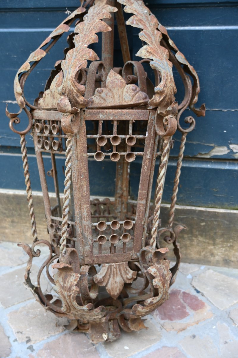 Large Wrought Iron Lantern With 19th Century Bracket-photo-4