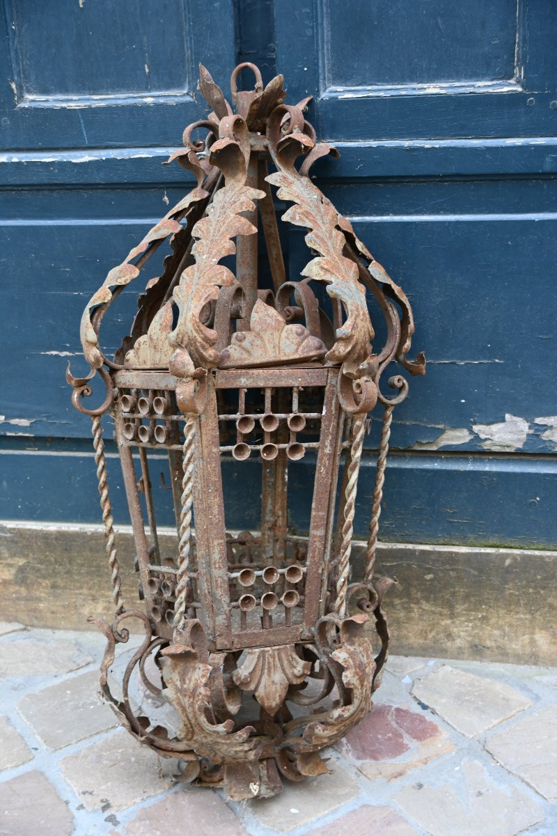 Large Wrought Iron Lantern With 19th Century Bracket-photo-5