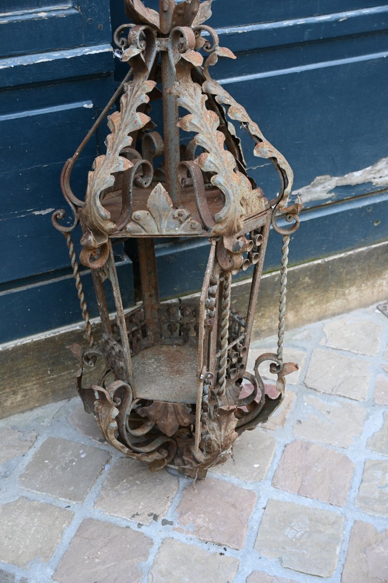 Large Wrought Iron Lantern With 19th Century Bracket-photo-6