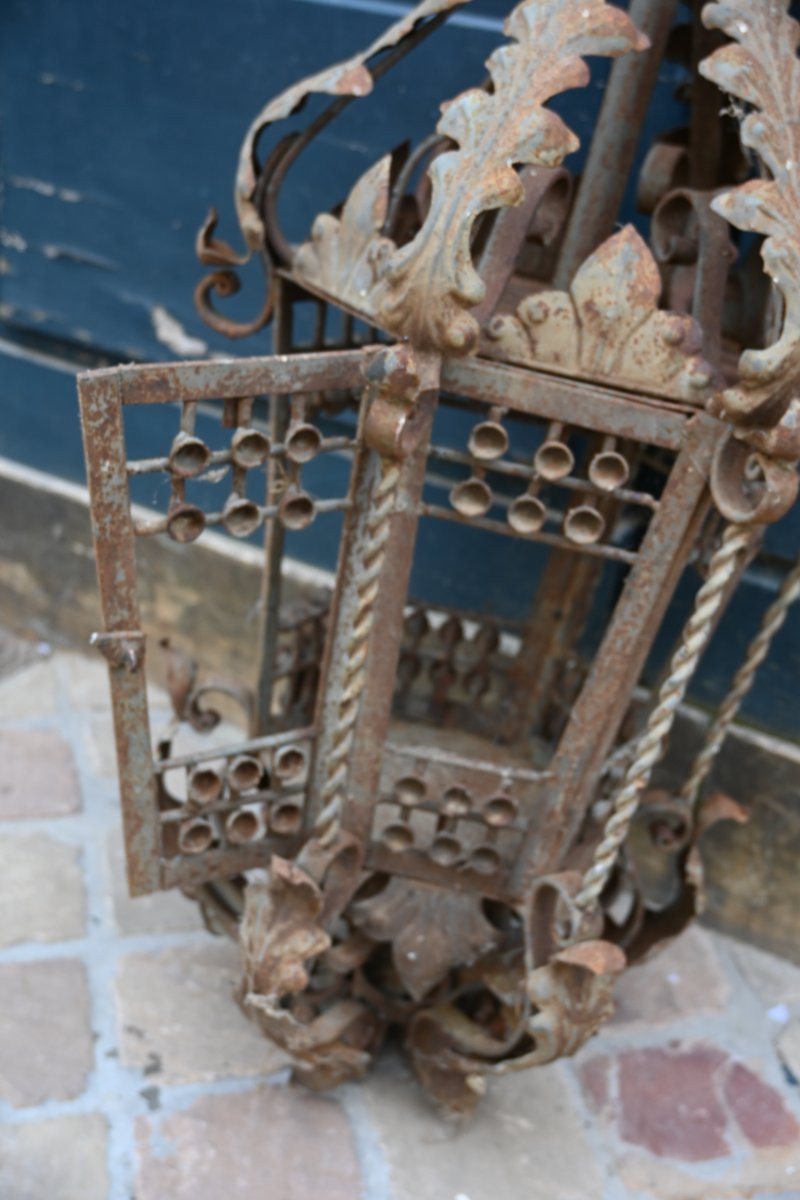 Large Wrought Iron Lantern With 19th Century Bracket-photo-7