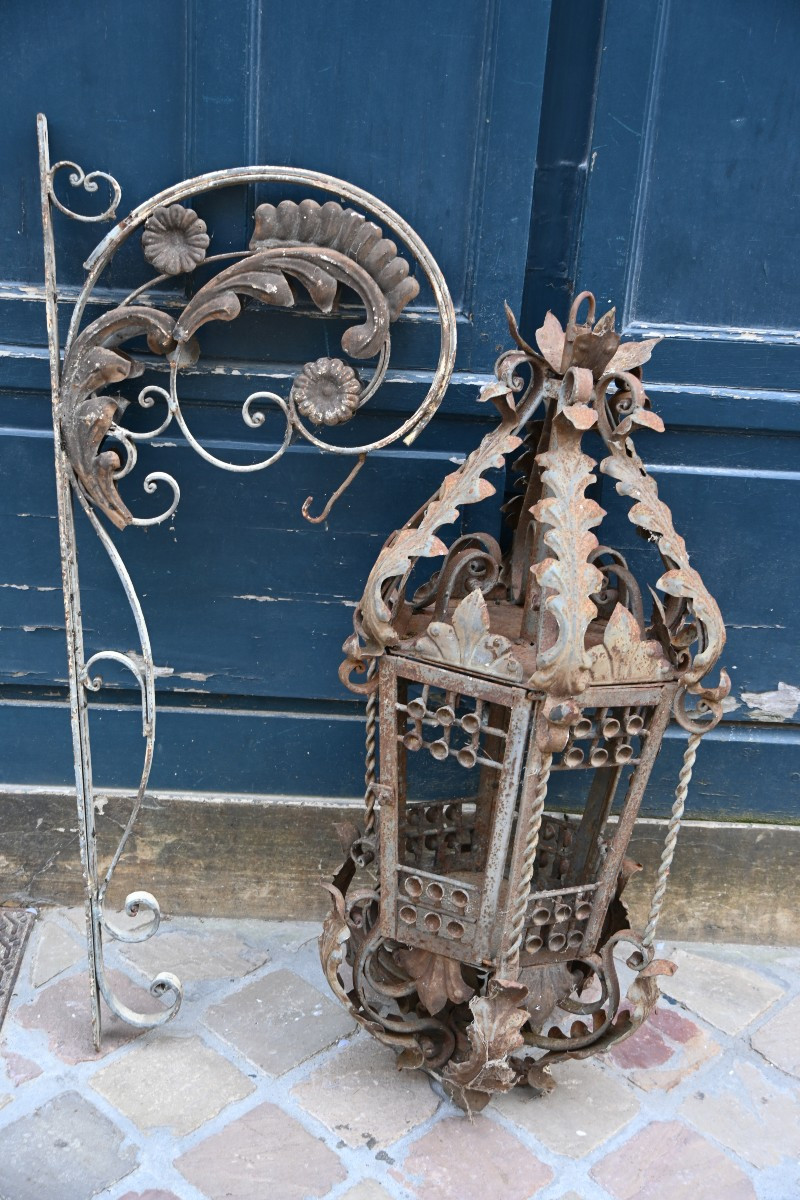 Large Wrought Iron Lantern With 19th Century Bracket