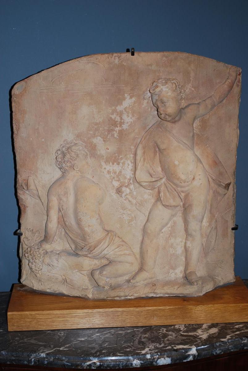 Rare Plaque En Terre Cuite En Haut Relief, Amours XVIII