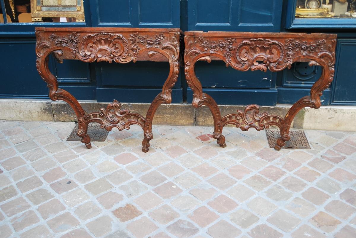 Rare Paire De Consoles En Noyer ,époque Louis XV  , Provence XVIII-photo-1