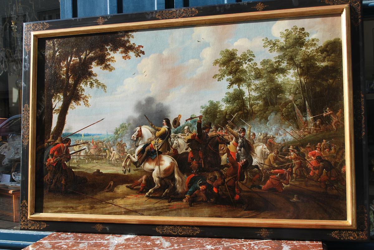 Choc De Cavalerie Signé De Pieter Meulener , Huile XVII