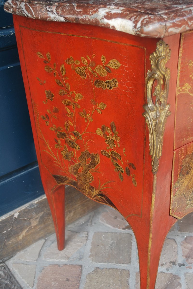 Commode En Vernis Martin à Fond Corail Décor Au Chinois époque Louis XV-photo-3