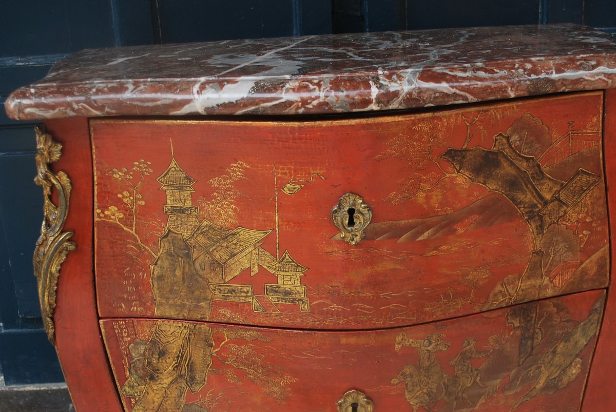 Commode En Vernis Martin à Fond Corail Décor Au Chinois époque Louis XV-photo-4