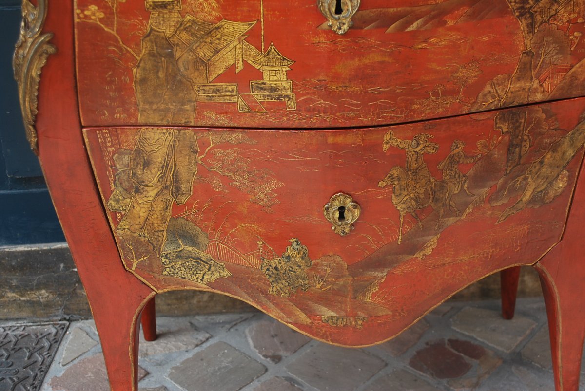 Commode En Vernis Martin à Fond Corail Décor Au Chinois époque Louis XV-photo-1