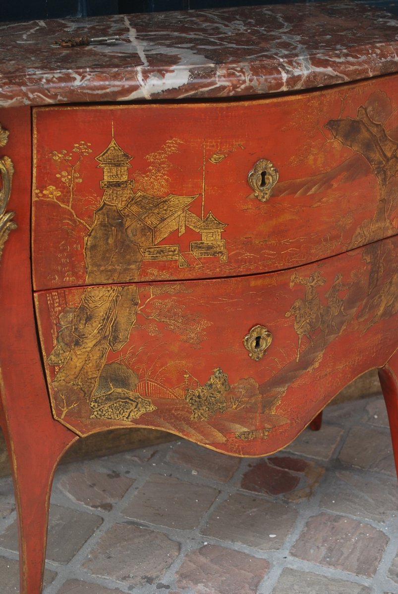 Commode En Vernis Martin à Fond Corail Décor Au Chinois époque Louis XV-photo-2