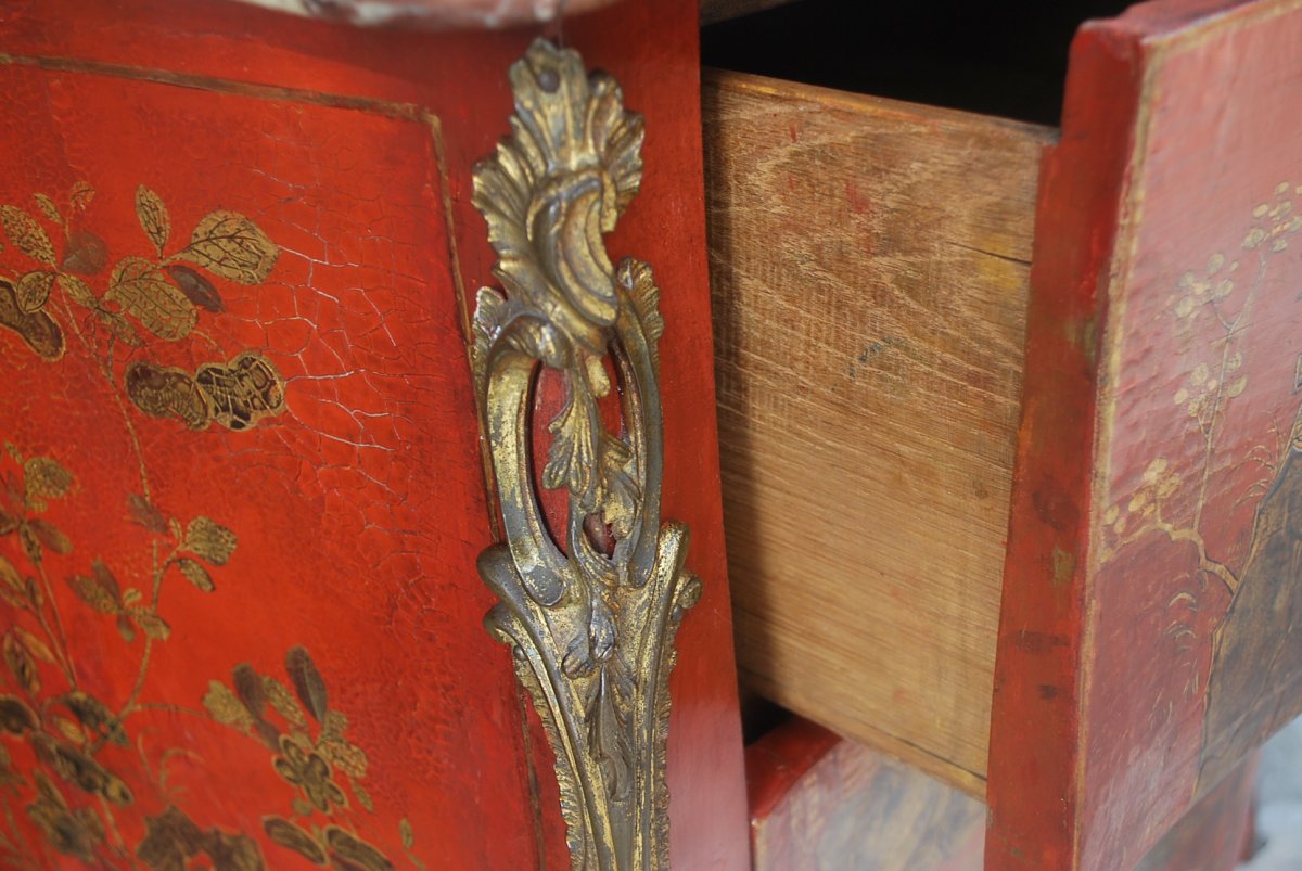 Commode En Vernis Martin à Fond Corail Décor Au Chinois époque Louis XV-photo-3