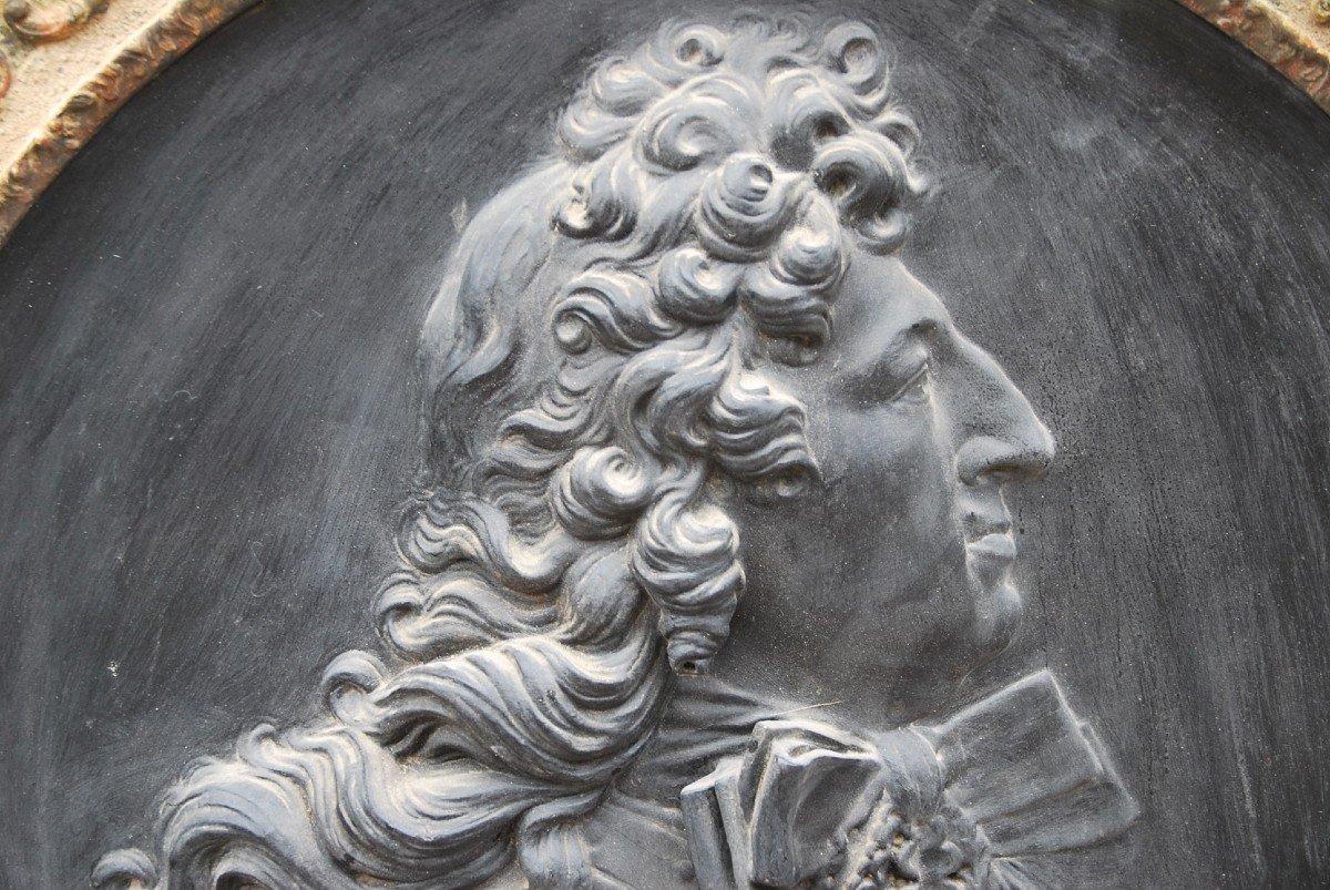 Large Patinated Plaster Medallion, Profile Of Louis XIV-photo-7