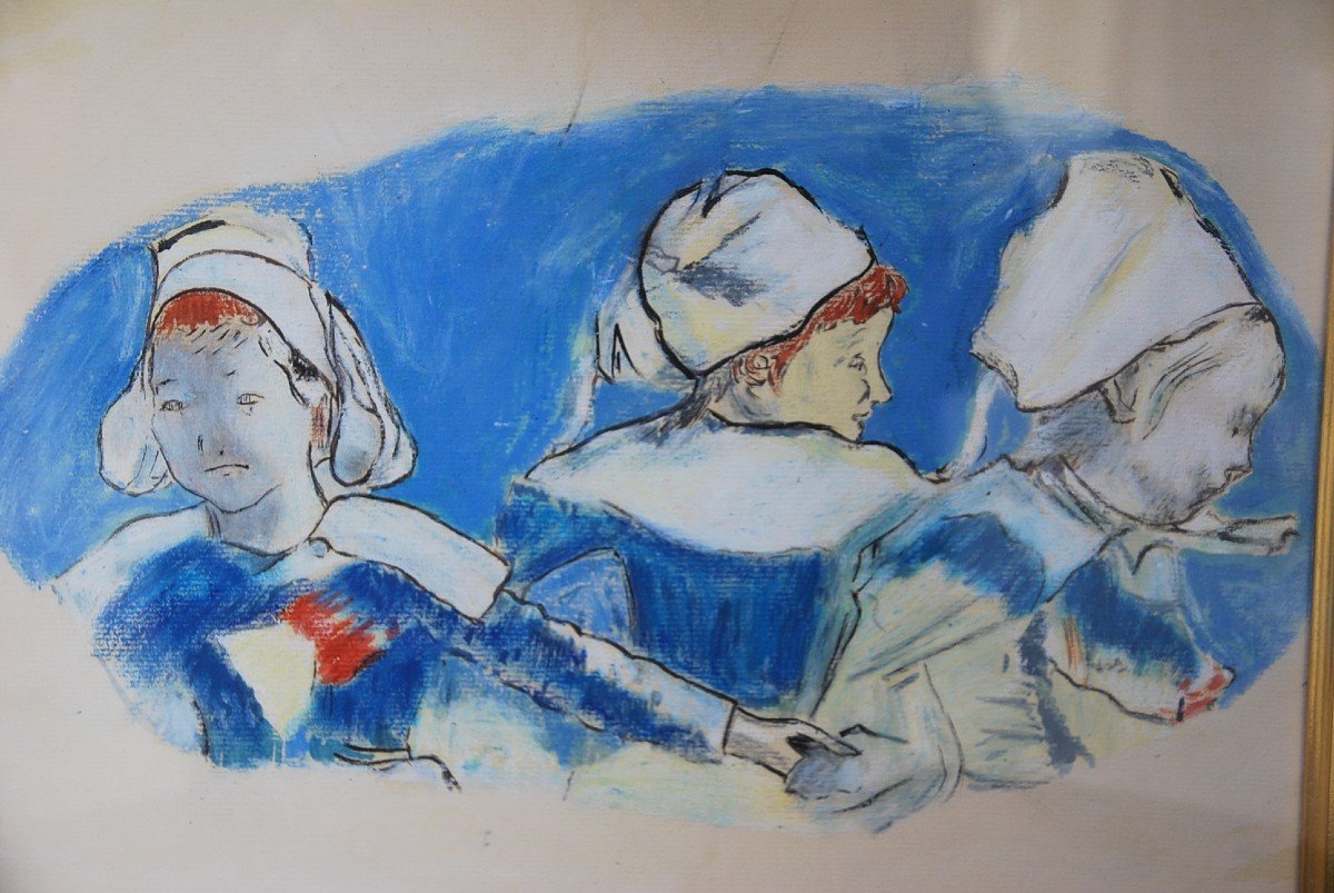 Pastel Drawing: Three Bretons, D After Paul Gauguin-photo-2