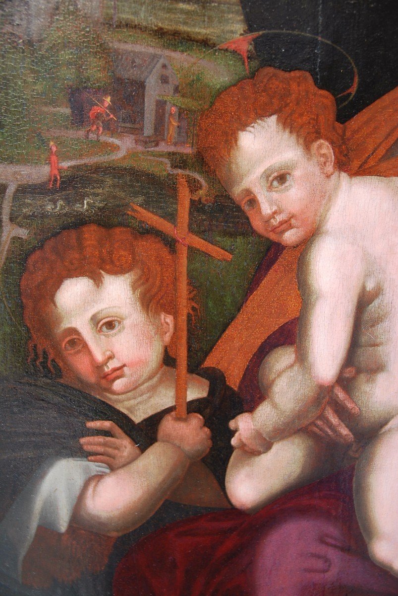 Virgin, Saint John The Baptist And The Child Jesus, Oil XVI Italian Renaissance-photo-4