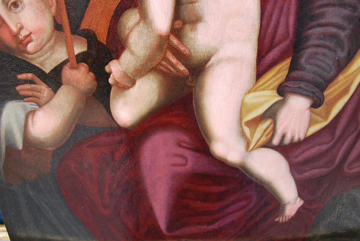 Virgin, Saint John The Baptist And The Child Jesus, Oil XVI Italian Renaissance-photo-5