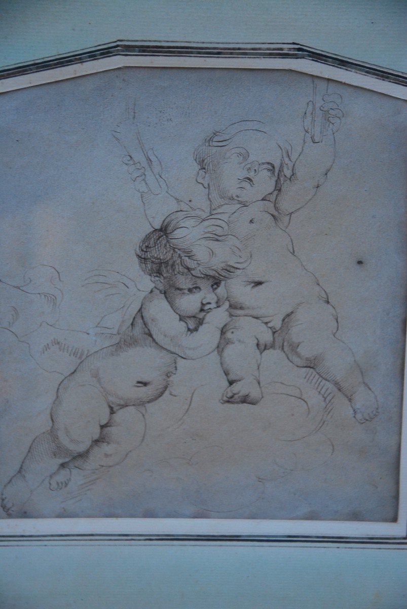 Pen Drawing Two Putti, XVIII School After Boucher-photo-2