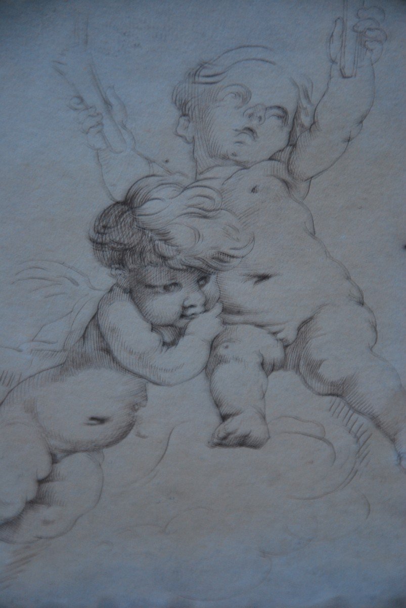 Pen Drawing Two Putti, XVIII School After Boucher-photo-2