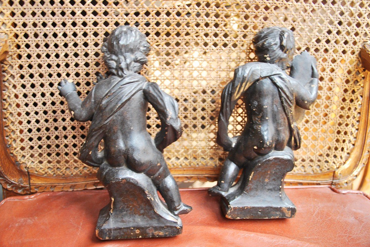 Paire De Putti Musiciens En Bois , XVIII-photo-1